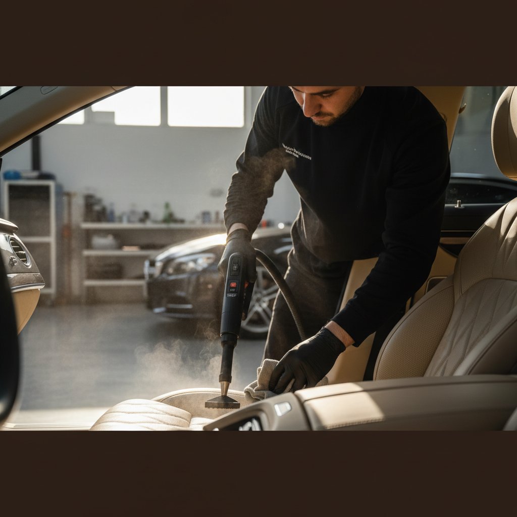 Professional car interior cleaning service showing detailed upholstery treatment